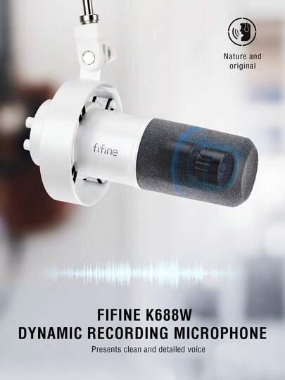  FIFINE K688 White (Global Version) XLR Dynamic Microphone For Studio, USB Computer Streaming & Recording Microphone With Mute Button And Gain Knob, Supports Headphone Monitoring