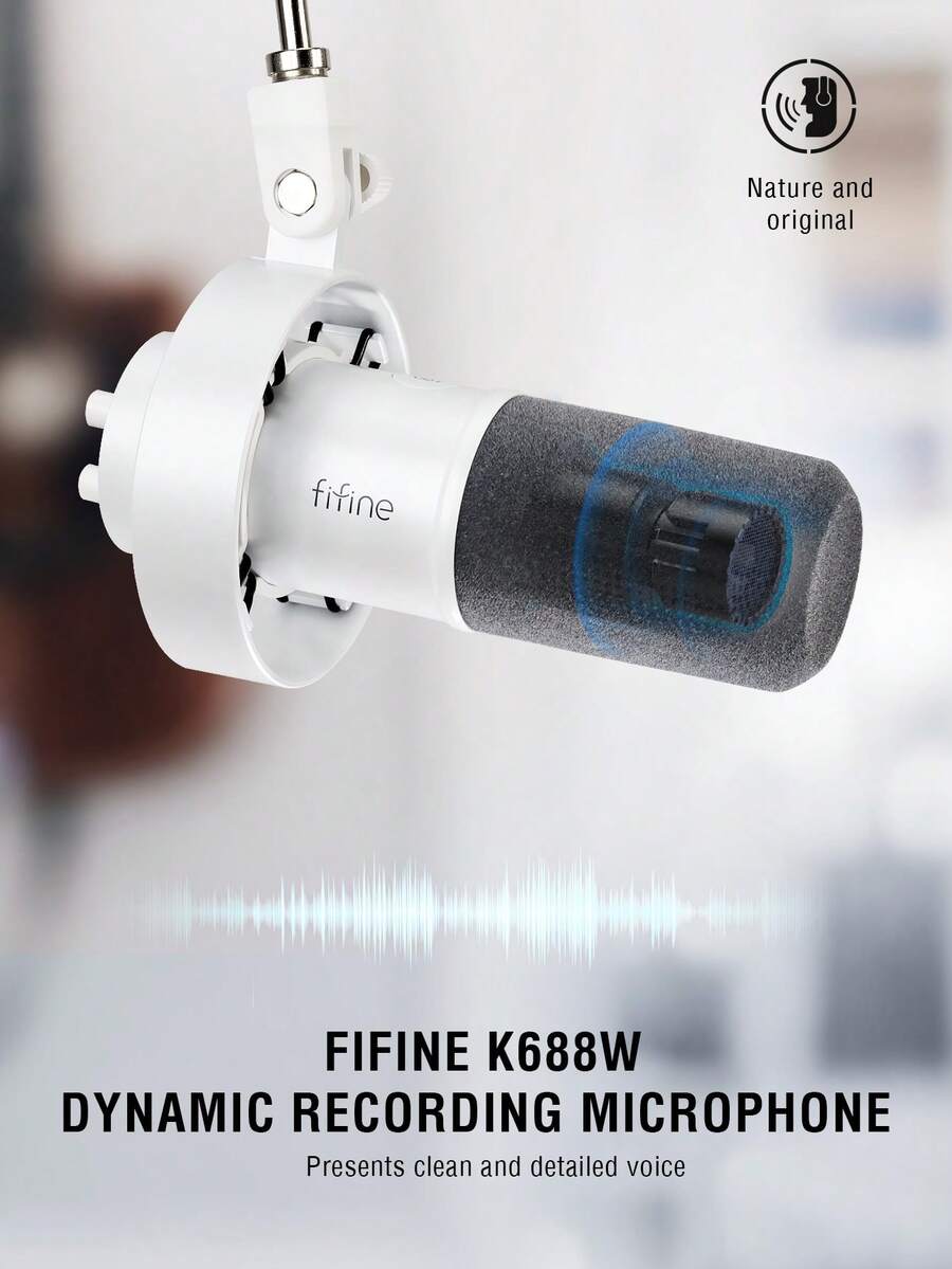 FIFINE K688 白色（全球版）XLR 动圈麦克风，适用于录音棚、USB 电脑直播和录音，带静音按钮和增益旋钮，支持耳机监听。