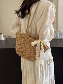 Túi cói dung tích lớn mới, túi tote dệt thủ công trang trí nơ ren cho kỳ nghỉ hè ở bãi biển. - Màu Khaki - Xem 4