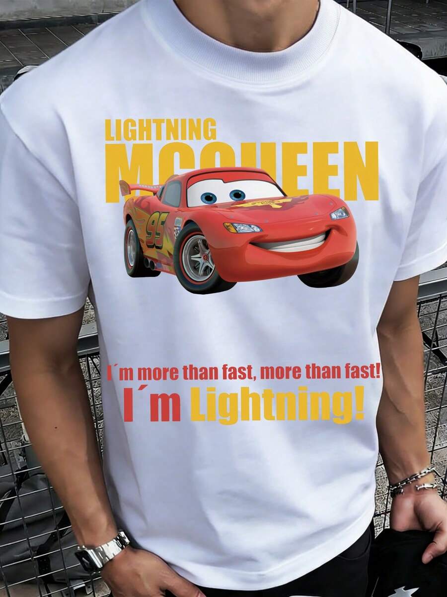 Lightning McQueen Race Car Pattern Print 1 Piece Of Disney Pattern Printed Fashion Crew Neck T-Shirt, Made Of 100% Pure Cotton Material, Soft And Comfortable, Ideal For Daily Wear, Vacation Leisure, Outdoor Adventures, Campus Life, And Shopping Outings. It's A Must-Have Item For Summer And Also The Perfect Gift To Give. - 白色 - 查看 1