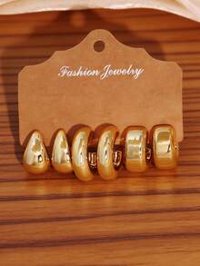 6-18pcs Women's Fashion Metal Textured Earring Set, European And American Retro Luxury, Including Hoop Earrings, Bamboo Joint Earrings, And Shell Texture Earrings, Suitable For Various Outfits - Multicolor - View 2