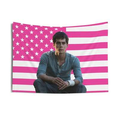 Thomas Blue Shirt (Dylan O'Brien) Tapestries, Dylan O'Brien Pink Flag, Dylan O'Brien Indoor Wall Tapestries