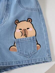 1pc Girls' Outdoor Casual Cute Sweet Denim Shorts With Pockets, Fashionable Capybara Print Design - Light Wash - View 4