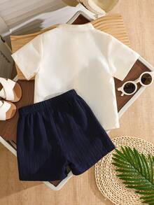 2pcs/Set Baby Boy Retro Print Full Button Short Sleeve Shirt With Textured Striped Fabric, Elastic Waist Solid Color Shorts, Suitable For Casual Daily Wear And Outings - Royal Blue - View 3