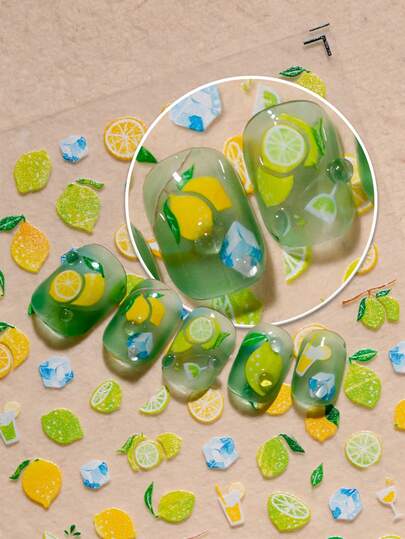 1 Sheet Fresh Lemon Themed Nail Art Stickers, Featuring Whole Yellow Lemons, Green Limes, Lemon Slices, Half Lemons, Paired With Green Leaves, Blue Ice Cubes, Lemon Water Glasses, And Small Wine Glasses, Bright And Refreshing Summer Vibe, Suitable For Summer, Vacation, And Sunny Occasions