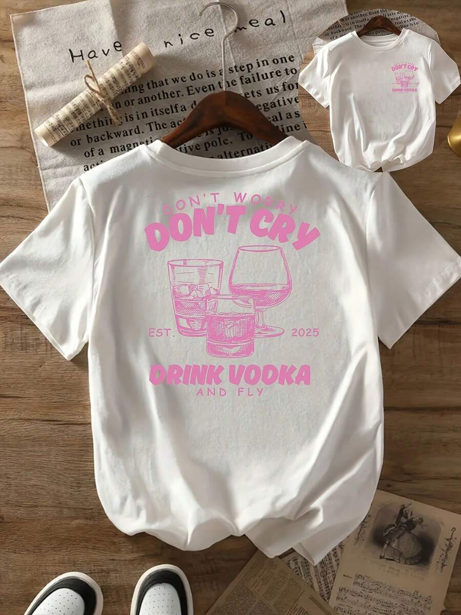 "Don't Worry Don't Cry Drink Vodka" Funny Alcohol Graphic T-Shirt, Party Humor Tee, Casual Cotton Crew Neck Top, Summer Outfits For Women, Regular Fit - 白色 - 查看 1