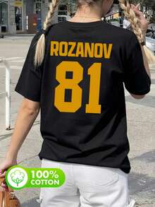 女士 Lozanov 81 号图案圆领短袖休闲夏季 100% 纯棉上衣，激情比赛 T 恤，球迷礼物，冰球爱好者 T 恤，波士顿黑色 T 恤 - 黑色 - 查看 4