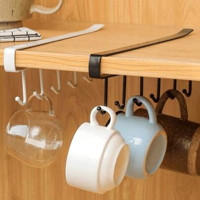 1pc Minimalist Practical Black 6-Hook No Drill Multifunctional Hanging Rail, Adhesive Cookware Organizer Rack For Cabinet, Kitchen, Home Storage, Suitable For New Year, Valentine's Day, Mother's Day, Graduation, Back To School