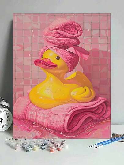 粉色橡皮鸭浴巾浴室趣味可爱动物DIY数字油画帆布画工艺品成人家居装饰40x50厘米/16x20英寸节日礼物