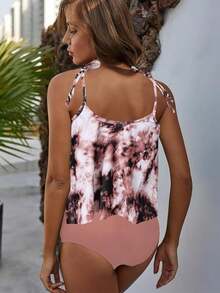 Ladies' Tankini Two-Piece Swimsuit High-Waisted Bikini Set With Tummy Control Bottoms And Ruffle Strap Tank Top - Tie-dye White - View 4