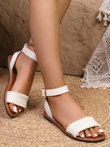 女士新款法式蕾丝流苏凉鞋，优雅可爱的花朵装饰设计，时尚圆头露趾，适合工作、居家、户外休闲穿着，百搭连衣裙和裤装，轻便防滑平底一脚蹬凉鞋 - 白色 - 查看 2