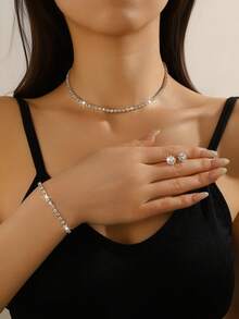 3pcs Set Minimalist Chic Silver Rhinestone Stud Earrings & Tennis Chain Necklace, Sparkling Jewelry Set, Suitable For Weddings, Galas, And Daily Gifting - White - View 1