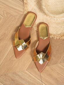 Giày sandal nữ mũi nhọn quai chéo, kiểu dáng thoải mái, thích hợp cho kỳ nghỉ, đi biển, dự tiệc, làm từ da PU màu vàng đồng. - Vàng - Xem 4