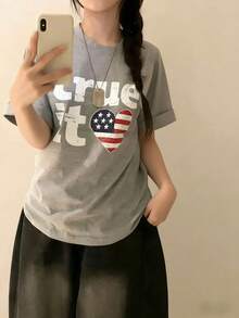 New Summer Gen Z Style Women's Retro American English Graphic Print Round Neck Short Sleeve T-Shirt - Light Gray - View 4