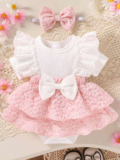 2pcs/Set Cute Baby Girl Outfit, Casual & Fashionable Soft & Comfortable, Bow Lace Patchwork Jacquard Tiered Ruffle Romper Dress & Headband Set, Suitable For Newborn Baby Girls Summer Daily Wear, Vacation, Outdoor Activities