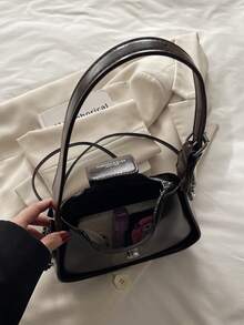 1个绗缝拉链PU纯色法棍包，新款简约手提包，时尚肩带装饰别致腋下包，多功能休闲通勤单肩包，新月形，适合约会、购物、办公、工作、旅行、送礼，非常适合日常使用。 - 咖啡 - 查看 9