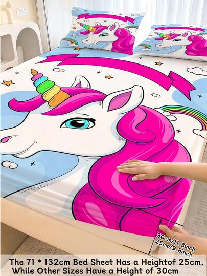 2/3件套可爱彩虹独角兽床上用品套装，卡通印花床笠带枕套，防滑床垫保护套，女孩卧室装饰的完美礼物（单人/双人/大号/特大号）