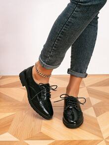 女士英伦风雕花系带牛津鞋，学院风 - 黑色 - 查看 6