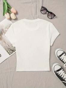 SUMMER Tops A Tight-Fitting Top, Creative Cute Apple Star Pattern Printed T-Shirt, Tight-Fitting Short-Sleeved Round Neck Casual Top, Summer And Spring, Women's Clothing Only Tops/No Bottoms L14658, Tops For Women, Vacation Outfits For WomenCasual Daily Wear,Easter Short Sleeves,Easter Outfits For Women - trắng - Xem 2
