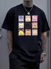Nueve adorables animales caricaturescos muestran personalidades únicas con expresiones divertidas y colores vivos que transmiten alegría  y energía positiva camiseta de hombre de algodón suave ideal para uso diario y momentos casuales - Negro - Ver 7