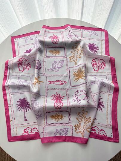 1pc Vintage Ocean Elements Starfish & Shell Lightweight Scarf, Women's Silk-Like Headscarf, Suitable For Beach, Street, Daily Wear, Vacation, Decorative Ribbon