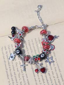 1条豹纹哥特樱桃吊坠手链，1条黑色8号球樱桃手链，1条星形女孩星星手链，1条幸运数字777手链，1条豹纹十字星手链，1条暗黑哥特红色樱桃牙齿手链 - 銀色 - 查看 4