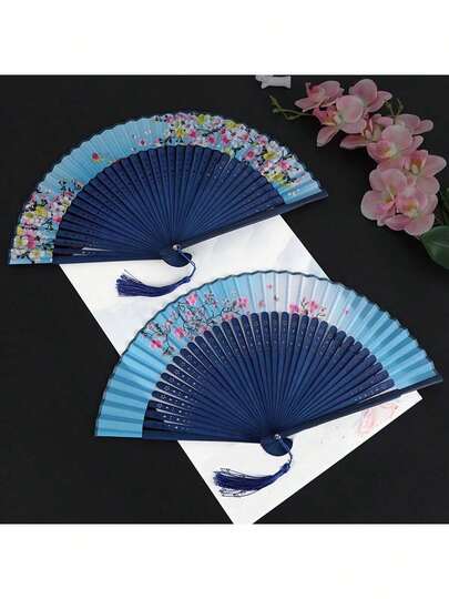 1/3/5件装复古风格拼布印花折扇，复古花卉染色设计折叠扇，旗袍道具，摄影道具，手持工具