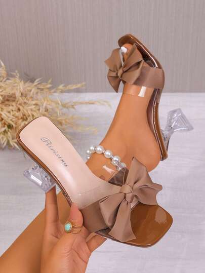 女士蝴蝶结高跟凉鞋，方头性感粗跟派对时尚简约舒适高跟鞋，显瘦又显瘦