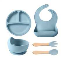 8pcs Baby Silicone Tableware Set, Feeding Utensils, Bib, Plate, Bowl, Straw Cup, Fork & Spoon, Teether, Ice Tray - Multicolor - View 10