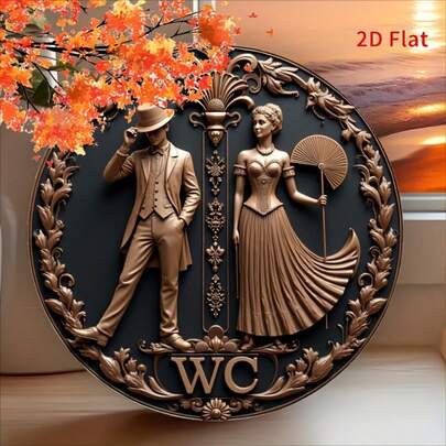 1件2D平面木质标牌，经典男女符号复古浴室牌匾，采用精美花卉艺术设计，室内/室外墙面装饰，高品质，时尚/复古风格，怀旧艺术装饰，适用于家居、酒吧、办公室、餐厅和车库装饰，预钻孔尺寸如图所示
