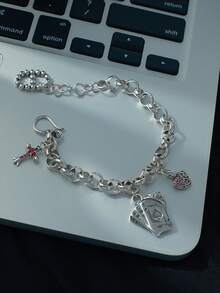 1pc Elegant Red Zirconia Heart Pendant & Crown Charm Bracelet, Suitable For Women's Daily Wear - Bracelet - View 8