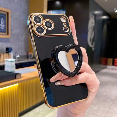 电镀防摔手机壳+心形镜面支架+全套手机壳，兼容苹果手机，适用于苹果17/16/15/11/12/13/14/16 Pro Max/17 Pro Max、S26U/S26/S22/23/24+、A04/A05/A14/A15/A24/A25/A34/A54S、13C/Note 14 Pro Plus+