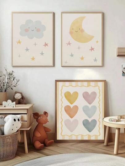 1pc, Waterproof Canvas Wall Art Decor, Children's Room Wall Art, Clouds And Moon Theme Kids' Room Wall Decor, Baby Girl Pastel Heart Pattern, Starry Sky Theme Kids' Room Decor, Baby Products – Framed Children's Room Wall Art Perfect For Kids' Room Decor, Nursery Decor, Preschool Decor, Boys' Room Decor, Girls' Bedroom Decor, Children's Room Decor, Baby Room Decor