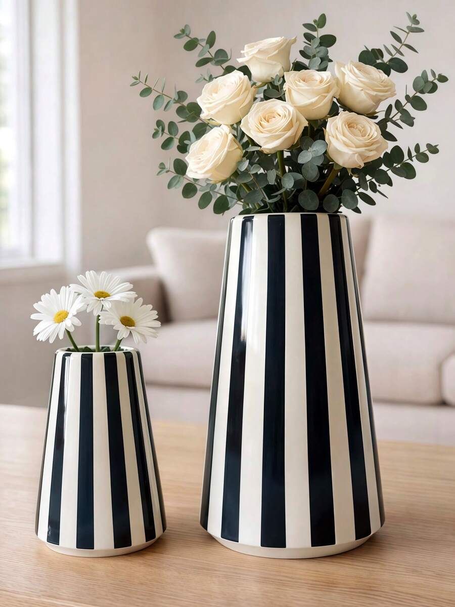 1pc Black & White Striped Plastic Planter, Minimalist European Style Cylindrical Flower Pot, Suitable For Living Room, Bedroom Or Tabletop Decor - Cylindrical Stripes - View 1