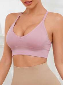 Seamless Knitted Ribbed Sexy Wireless Bra For Women, Criss-Cross Strap Backless Sports Bra - Dusty Pink - View 3