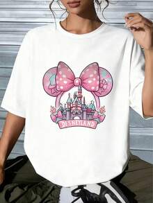 Featuring A Disney Castle And Minnie Mouse Headband As Its Core Design Elements, This Whimsical And Versatile Gift Makes It An Ideal Present For Disney Fans. Suitable For: Holiday Gifts, Fan Gatherings, And More.Made From Soft, Comfortable, And Durable Pure Cotton, This Is An Ideal Choice For Spring And Summer. This Crew Neck T-Shirt Is Suitable For Various Occasions, Including Everyday Wear, Shopping, Parties, Travel, And Gatherings, And Also Makes A Thoughtful Gift. - White - View 1