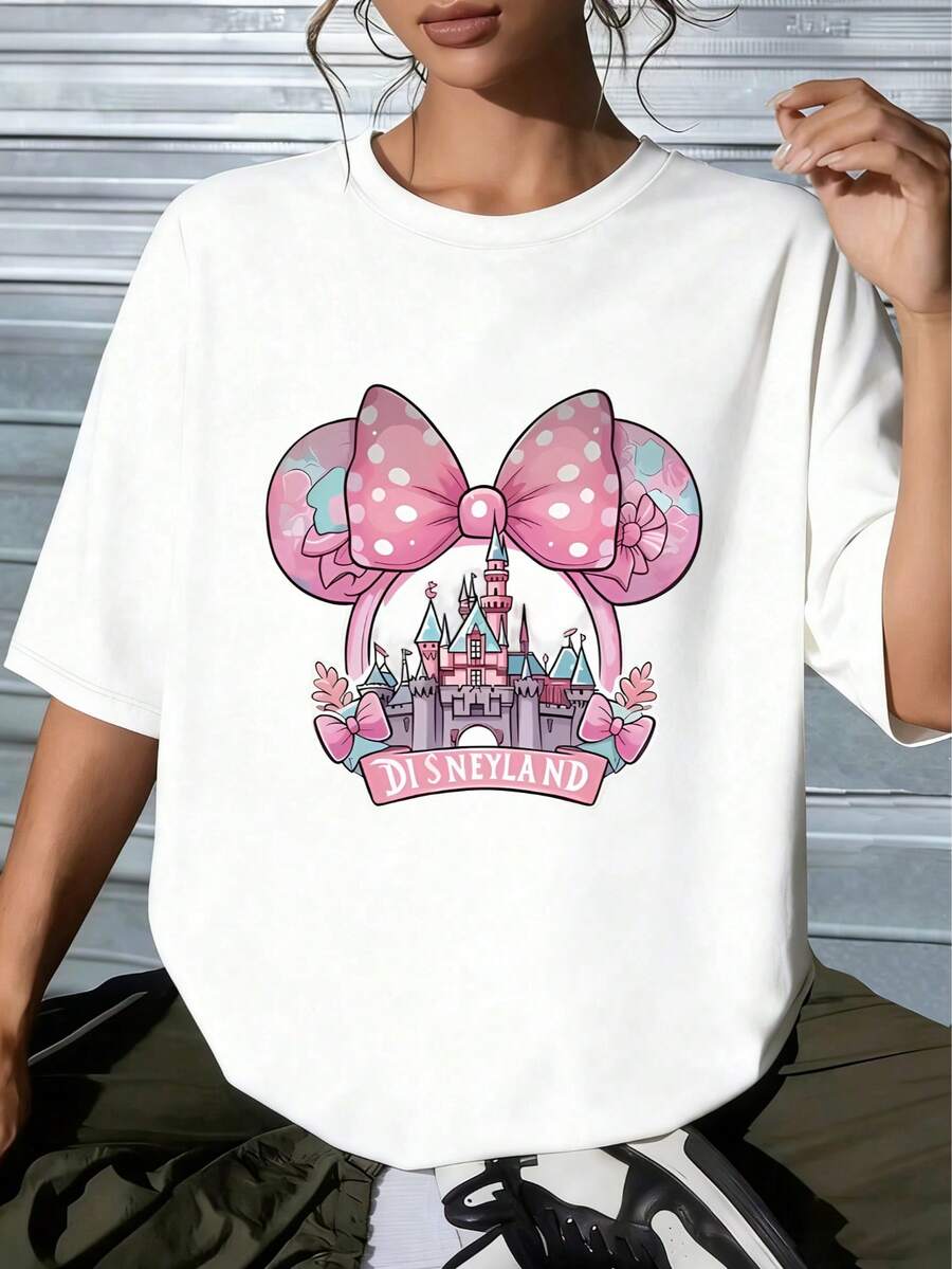 Featuring A Disney Castle And Minnie Mouse Headband As Its Core Design Elements, This Whimsical And Versatile Gift Makes It An Ideal Present For Disney Fans. Suitable For: Holiday Gifts, Fan Gatherings, And More.Made From Soft, Comfortable, And Durable Pure Cotton, This Is An Ideal Choice For Spring And Summer. This Crew Neck T-Shirt Is Suitable For Various Occasions, Including Everyday Wear, Shopping, Parties, Travel, And Gatherings, And Also Makes A Thoughtful Gift. - White - View 1