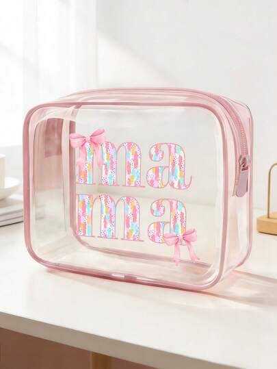 New Mama Printed Toiletry Bag - Transparent Toiletry Bag, Travel Essentials, Portable Travel Toiletry Bag With Zipper, Beach Transparent Pvc Toiletry Bag, Waterproof Storage Bag, Transparent Storage Bag, Data Cable And Usb Interface Storage Bag, Portable Skin Care Toiletry Bag, Large Capacity Cosmetic Bag, Suitable For Women'S Travel School Supplies, Travel Necessities,Mother's Day Gift