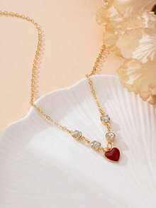1pc Elegant French Romantic Luxury Rhinestone Red Drip Oil Heart Pendant Necklace, Unique Design Delicate Choker For Women - Red - View 3