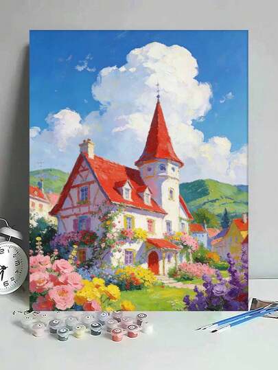 Scenic Red Roof Cottage Garden DIY Oil Painting By Numbers Canvas Painting Crafts Adult Home Decoration 40x50cm/16x20inch Holiday Gifts