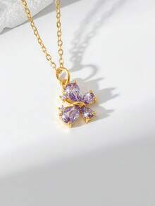 1pc Fashionable Creative Elegant Butterfly & Lilac Zirconia Pendant Necklace, Versatile For Women - Yellow Gold - View 19