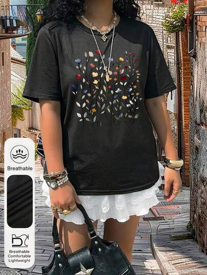 Plus Size Women's Daily Plants And Flowers Graphic Crew Neck Short Sleeves Casual Summer Women's Tops ,Bohemian Pastoral Style Graphic Fashionable And Versatile Women's Black T-Shirt