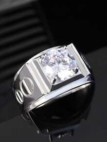 1 pieza Anillo de hombre, diseño geométrico, incrustado con moissanita, joyería de compromiso, adecuado para uso diario, anillo de boda de pareja, anillo de hombre de moda - Plateado - Ver 3