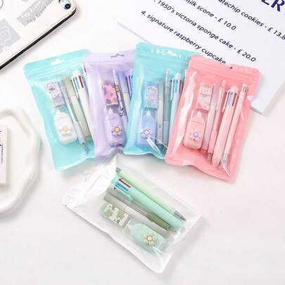 Juego de papelería minimalista de 6 piezas que incluye bolígrafo 6 en 1, borrador, lápiz, bolígrafo de gel, resaltador. Regalo perfecto para volver a la escuela para estudiantes. Juego de papelería multifuncional para el aprendizaje.