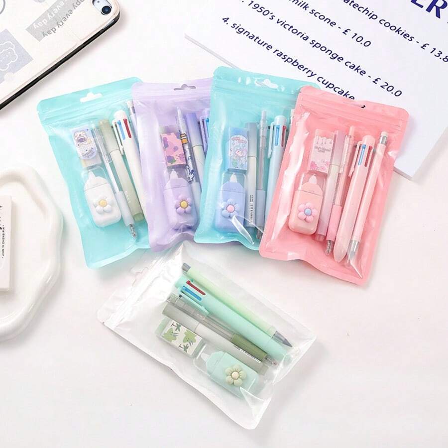 Juego de papelería minimalista de 6 piezas que incluye bolígrafo 6 en 1, borrador, lápiz, bolígrafo de gel, resaltador. Regalo perfecto para volver a la escuela para estudiantes. Juego de papelería multifuncional para el aprendizaje. - 1 Set - Ver 1