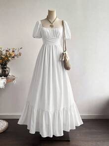 Rusttydustty 女士波西米亚风度假优雅休闲收腰白色雪纺长袖荷叶边连衣裙，适合夏季音乐节等场合 - 白色 - 查看 4