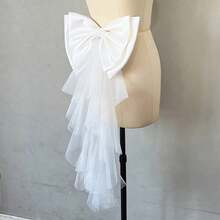 1pc White Satin Oversized Bow Backpiece, Asymmetrical Mesh Ribbon Waist Decor - Multicolor - View 6