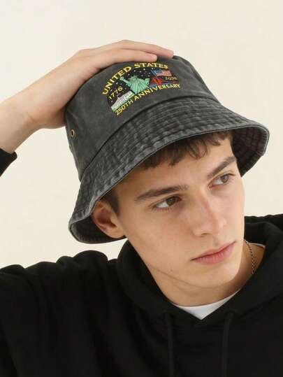 美国建国250周年纪念男士复古水洗可折叠渔夫帽户外休闲遮阳帽