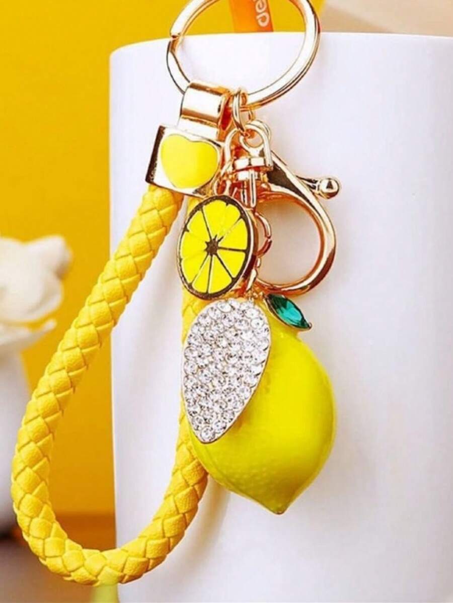 1pc Rhinestone Lemon Shaped Car Key Chain, Cute Creative Bag Pendant Metal Keyring Gift - Multicolor - View 1
