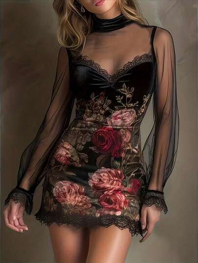 这款女士优雅波西米亚风连衣裙，采用薄纱袖、玫瑰印花和蕾丝边饰，是春夏假期休闲时尚穿着的经典波西米亚单品。